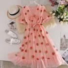 V Collar Mesh Printed Strawberry Short-sleeved Dress Pink - One Size