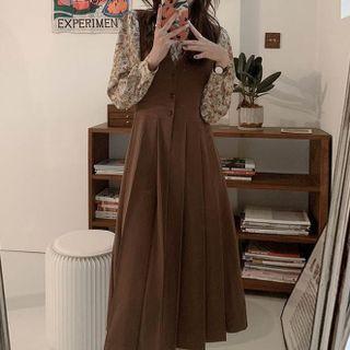 Set: Print Blouse + Pleated Overall Dress