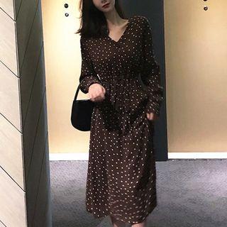 Dotted Long-sleeve A-line Midi Dress Brown - One Size