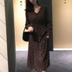 Dotted Long-sleeve A-line Midi Dress Brown - One Size
