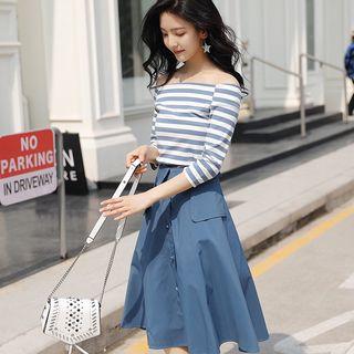 Set: Off-shoulder Striped 3/4-sleeve Top + High Waist A-line Skirt