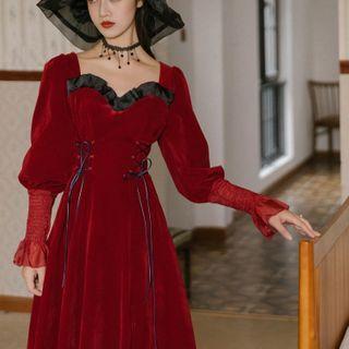 Puff-sleeve Velvet Square-neck Midi Dress