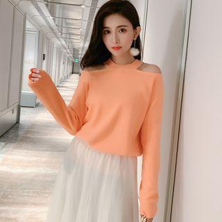 Cold Shoulder Sweater / Mesh Midi A-line Skirt