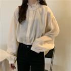 Stand Collar Frilled Trim Plain Blouse Champagne - One Size