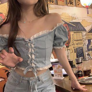 Off-shoulder Lace Trim Lace-up Blouse