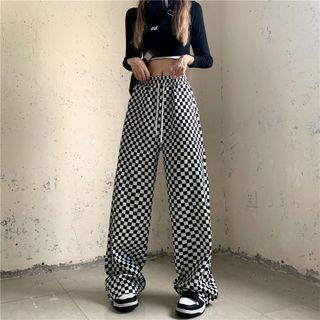 Checkerboard High-waist Wide-leg Pants