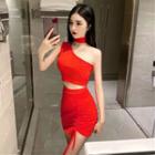 Set: One Shoulder Crop Top + Drawstring Pencil Skirt