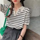 Elbow-sleeve Polo-neck Striped Knit Top