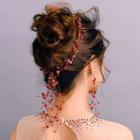 Set: Bridal Crystal Hairband + Clip-on Dangle Earring Hair Band & 1 Pair Earring - Wine Red - One Size