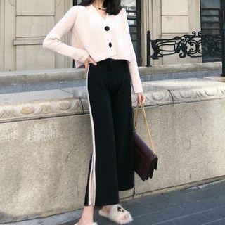 V-neck Plain Knit Top / High-waist Striped Knit Sweatpants
