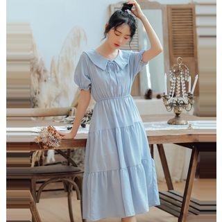 Short-sleeve Elastic Waist Plaid A-line Dress