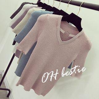 Ring Detail V-neck Elbow-sleeve Knit Top