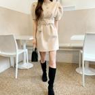 Belted Puff-sleeve Pleated Furry Minidress