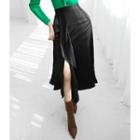 Slit-front Ruffle-trim Satin Skirt