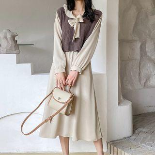 Set: Tie-neck Midi A-line Dress + Cropped Knit Vest