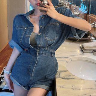 Short-sleeve Collar Denim Romper Denim Blue - One Size
