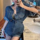 Short-sleeve Collar Denim Romper Denim Blue - One Size