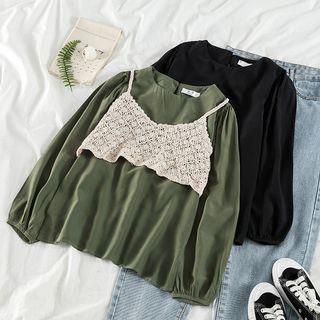 Plain Long-sleeve Loose-fit Blouse / Camisole Top