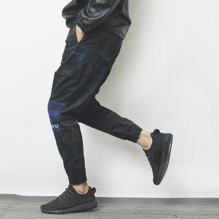Letter Embroidered Denim Panel Camo Jogger Pants