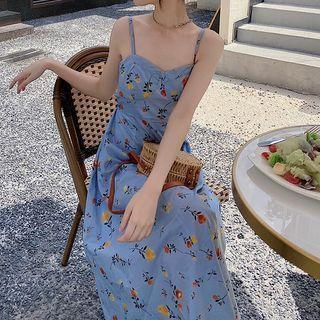 Spaghetti Strap Tie-back Floral Print Midi A-line Dress