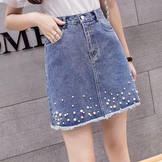 Faux Pearl A-line Denim Skirt