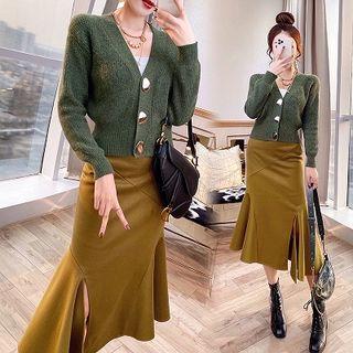 Set: V-neck Cardigan + Ruffle Hem Pencil Skirt