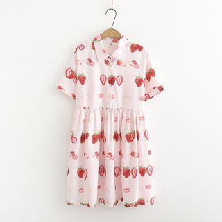 Strawberry Print Short-sleeve Chiffon Dress White - One Size