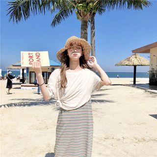 Set: Plain Short Sleeve T-shirt + Striped Sleeveless Midi Dress
