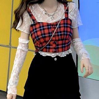 Short-sleeve Lace Top / Oversleeves / Plaid Camisole Top / Set