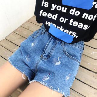 Swan Embroidered Denim Shorts