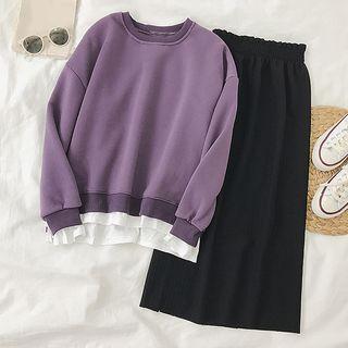Mock Two-piece Pullover / Slit A-line Midi Skirt