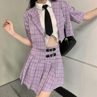Short-sleeve Plaid Blazer / Pleated Skirt / Neck Tie Shirt / Set