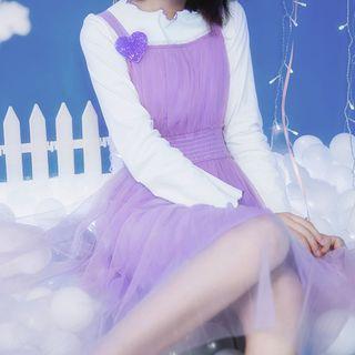Frill-hem Long-sleeve Top / Heart Applique Mesh Overlay Sleeveless Dress