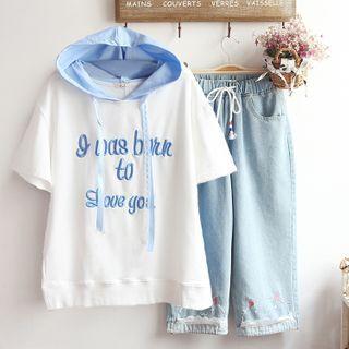 Set: Short-sleeve Letter Embroidered Hoodie + Drawstring Jeans