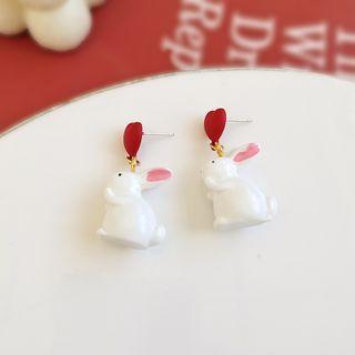 Heart Rabbit Resin Dangle Earring 1 Pair - Earrings - S925 Silver - Rabbit - Red & White - One Size