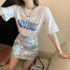 Set: Short-sleeve Lettering T-shirt + Tie Dye Mini Pencil Skirt