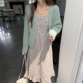 Plain Cardigan / Spaghetti Strap Floral Midi A-line Dress