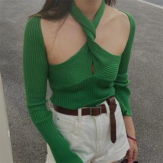 Cold-shoulder Twisted Ribbed Knit Top