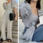 Puff-sleeve Striped Blouse / Jumpsuit