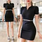 Short-sleeve Knit Sheath Dress Black - One Size