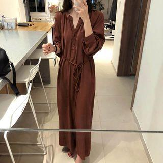 Long-sleeve Notch-neck Maxi Shirt Dress Reddish Brown - One Size