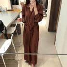 Long-sleeve Notch-neck Maxi Shirt Dress Reddish Brown - One Size