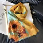 Fringed Sunflower Print Neck Scarf Sunflower - Yellow & Green - One Size
