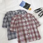 Single-breasted Plaid V-neck Short-sleeve Blouse