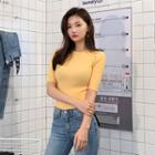 Puffed-shoulder Colored Slim-fit Knit Top