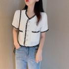 Color-block Tweed Short-sleeve Jacket White - One Size