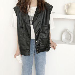 Faux Leather Button-up Vest Black - One Size