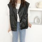 Faux Leather Button-up Vest Black - One Size