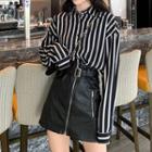 Long Sleeve Striped Shirt / Faux Leather Front-zip Mini A-line Skirt