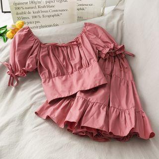 Set: Ribbon-accent Crop Top + A-line Skirt
